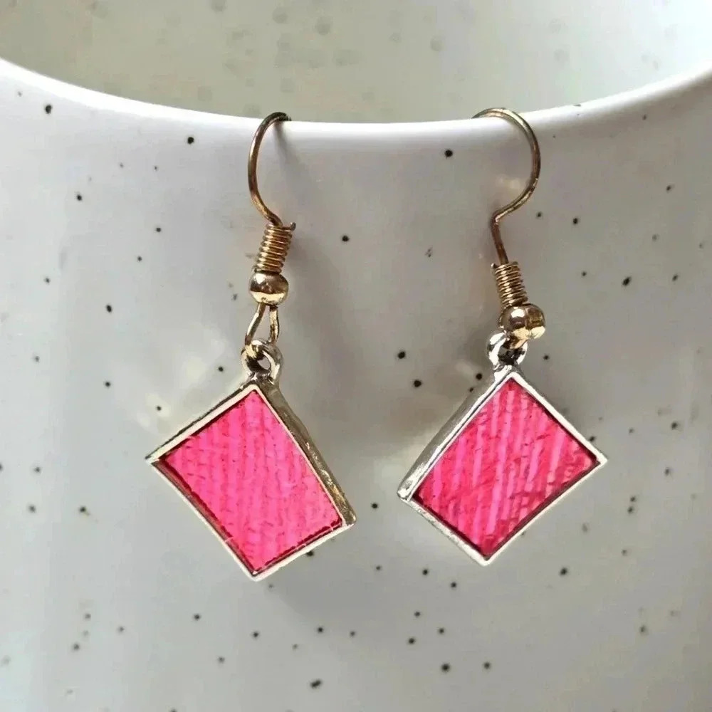 Pink Square Silver Dangle‎ Hook Boho Retro Spring Fashion Earrings E92